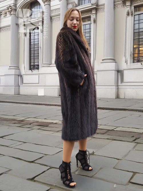 Two-tone muskrat fur coat, textured herringbone weave and side profile