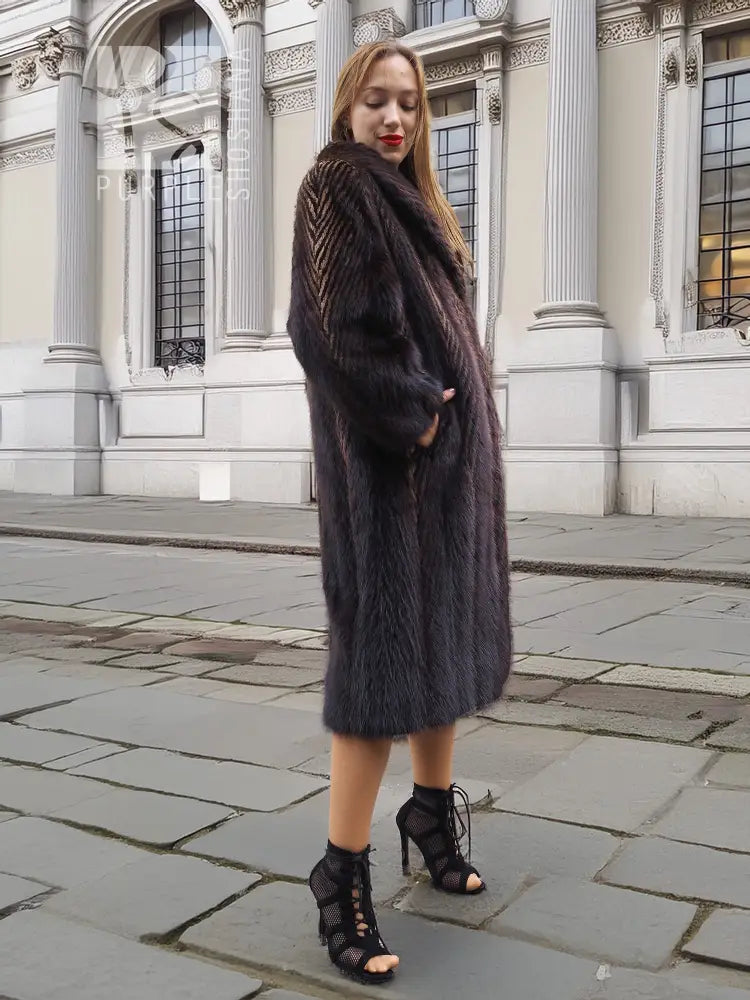 Two-tone muskrat fur coat, textured herringbone weave and side profile
