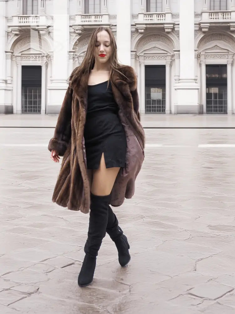 Dark mahogany brown mink fur coat, open front look, shawl collar, long sleeves, S/M