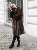 Vintage mink fur coat, dark mahogany brown, shawl collar, button front, S/M