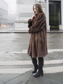 Vintage mink fur coat in dark mahogany brown with shawl collar and long sleeves, S/M