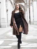 Front view: dark mahogany brown mink fur coat with shawl collar and side pockets, S/M