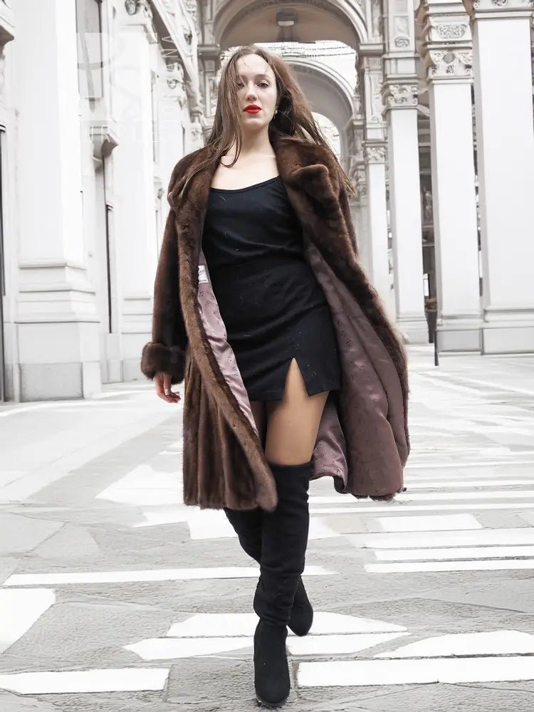 Front view: dark mahogany brown mink fur coat with shawl collar and side pockets, S/M