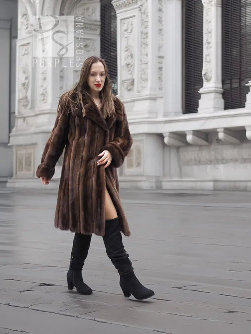 Dark mahogany brown vintage mink fur coat, tapered fit, shawl collar, long sleeves, S/M