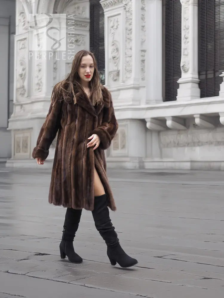 Dark mahogany brown vintage mink fur coat, tapered fit, shawl collar, long sleeves, S/M