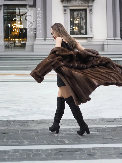 Dark mahogany brown vintage mink fur coat with leather trim, side view, S/M