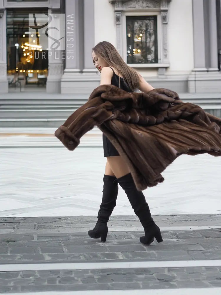 Dark mahogany brown vintage mink fur coat with leather trim, side view, S/M