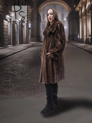 Front view: dark mahogany brown mink fur coat with button cuffs and shawl collar, S/M