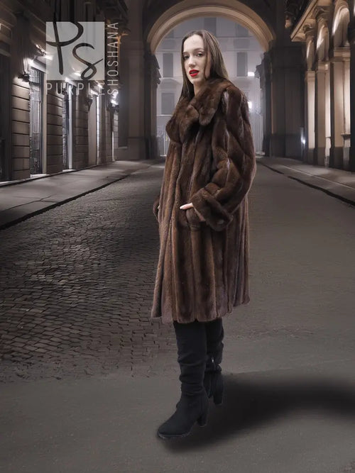 Front view: dark mahogany brown mink fur coat with button cuffs and shawl collar, S/M