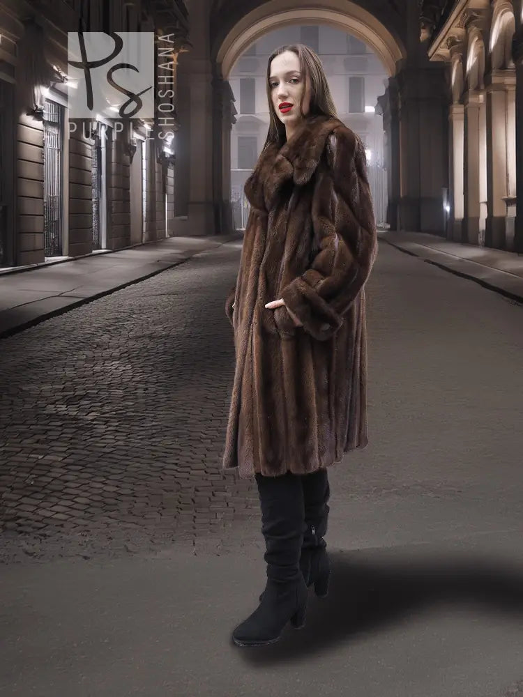 Front view: dark mahogany brown mink fur coat with button cuffs and shawl collar, S/M