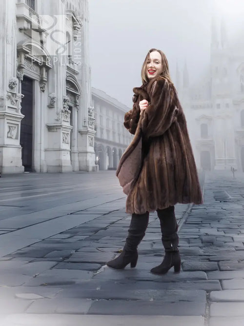 Dark mahogany brown vintage mink fur coat with flared skirt and shawl collar, S/M