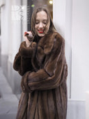 Mink fur coat detail: dark mahogany brown shawl collar and textured fur, S/M