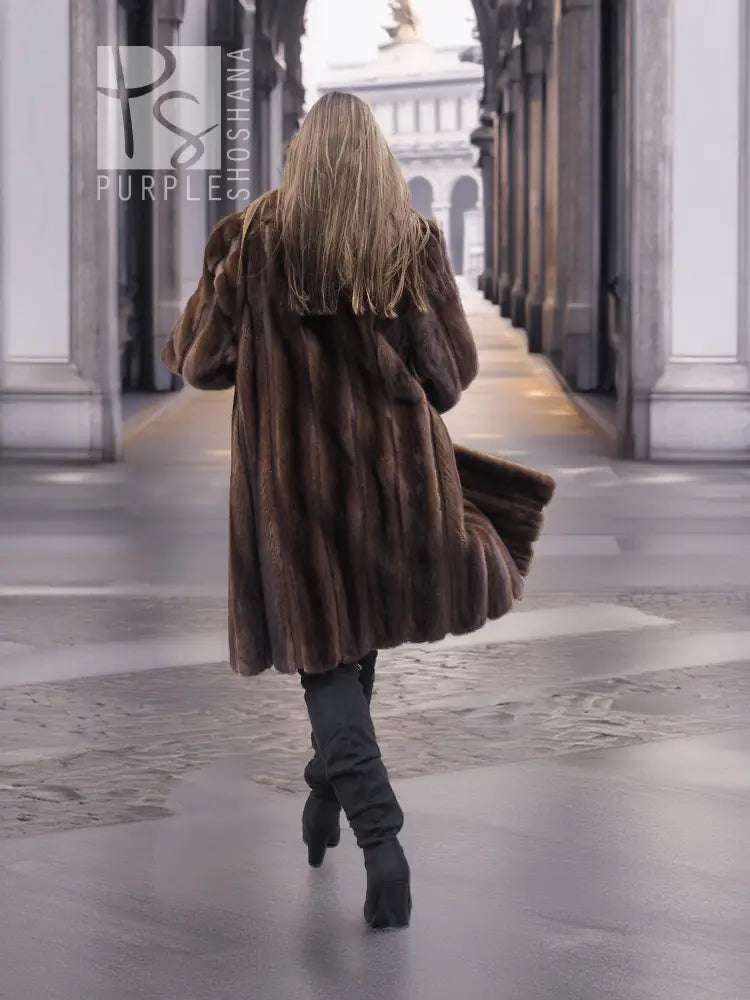 Back view: dark mahogany brown mink fur coat, flared hem, textured vertical fur, S/M