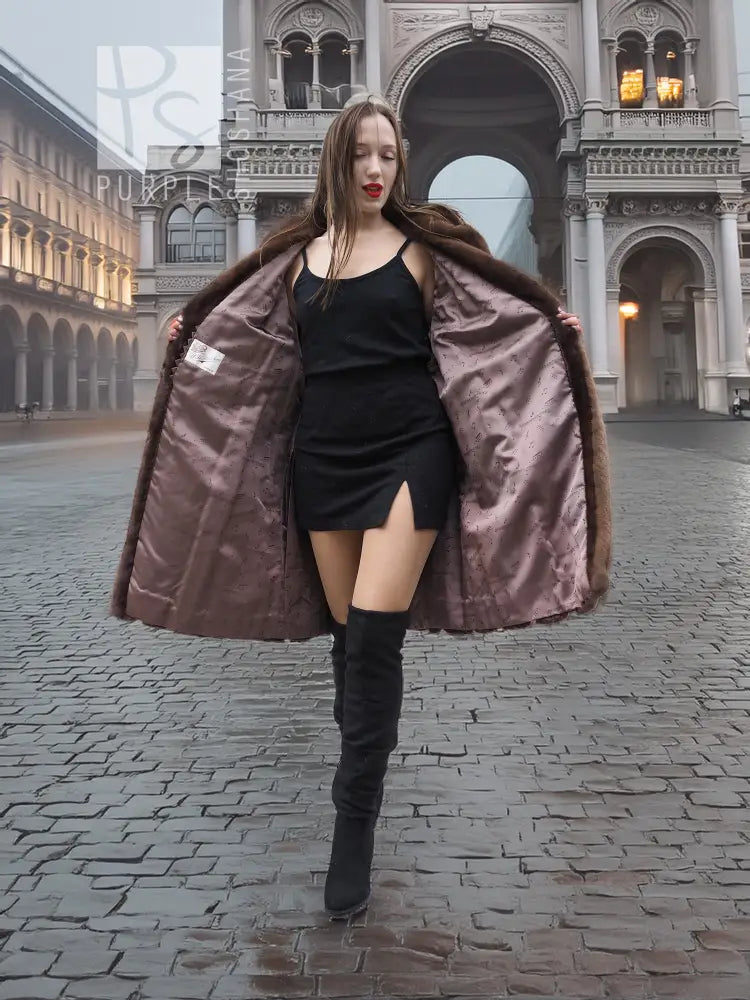 Vintage mink fur coat with leather-trim edges and full flared sleeves, dark mahogany, S/M
