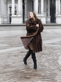 Unique Dark Mahogany Brown Vintage Mink Fur Coat With Leather  S/M