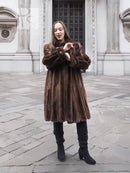 Dark mahogany brown vintage mink fur coat with leather trim and button-front, S/M