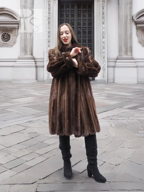 Dark mahogany brown vintage mink fur coat with leather trim and button-front, S/M