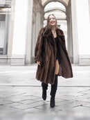 Vintage mink fur coat in dark mahogany brown, leather-trim details, S/M length