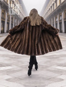 Back view: vintage mink fur coat in dark mahogany brown, flared hem, shawl collar, S/M
