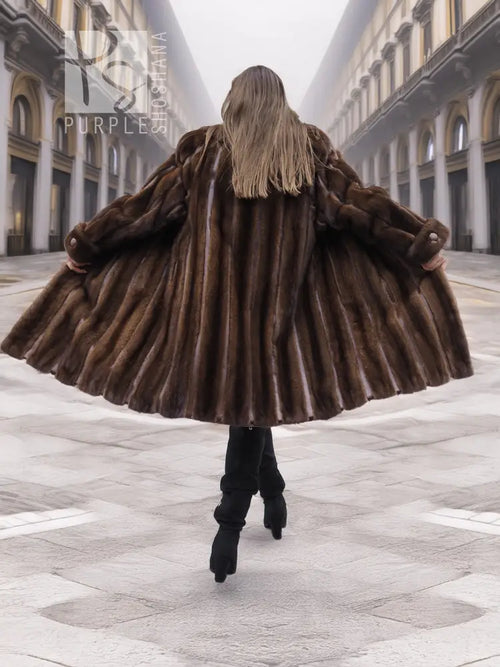 Back view: vintage mink fur coat in dark mahogany brown, flared hem, shawl collar, S/M