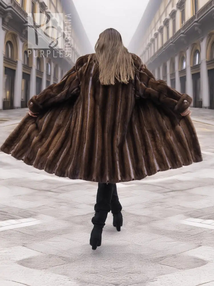 Back view: vintage mink fur coat in dark mahogany brown, flared hem, shawl collar, S/M