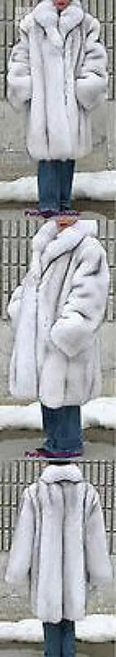 Plush light fur coat shown in multiple views: hood, belt, and front closure