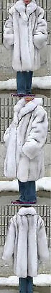 Plush light fur coat shown in multiple views: hood, belt, and front closure