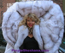 Plush light fur hooded coat with large hood opening and soft padded collar