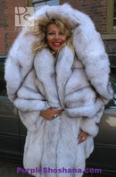 Plush light fur hooded coat with thick sleeves and front wrap-style design