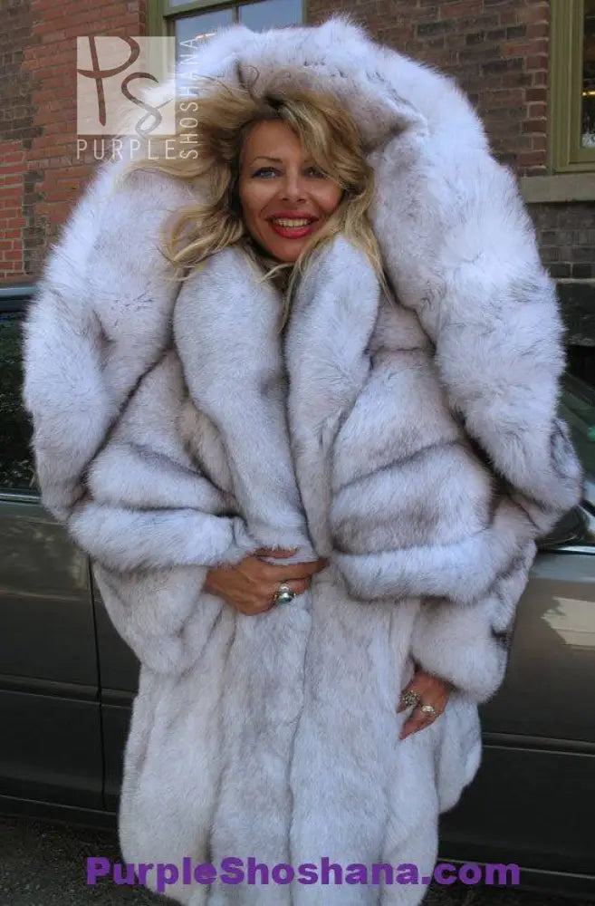 Unique Plush Solid Silver Canadian Blue Fox Fur Coat - Detachable