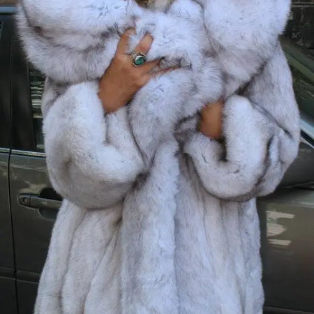 Unique Plush Solid Silver Canadian Blue Fox Fur Coat - Detachable