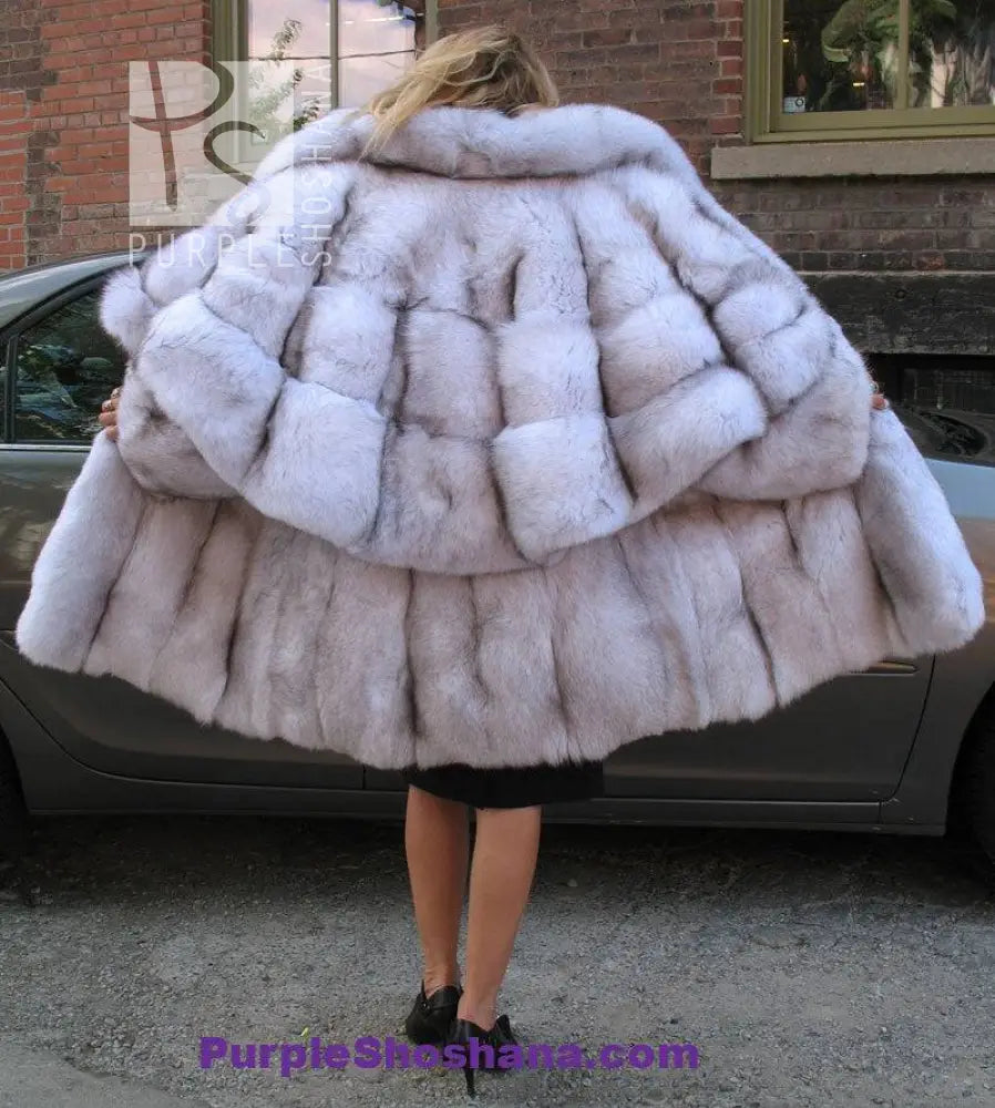 Unique Plush Solid Silver Canadian Blue Fox Fur Coat - Detachable