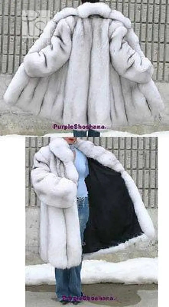 Unique Plush Solid Silver Canadian Blue Fox Fur Coat - Detachable