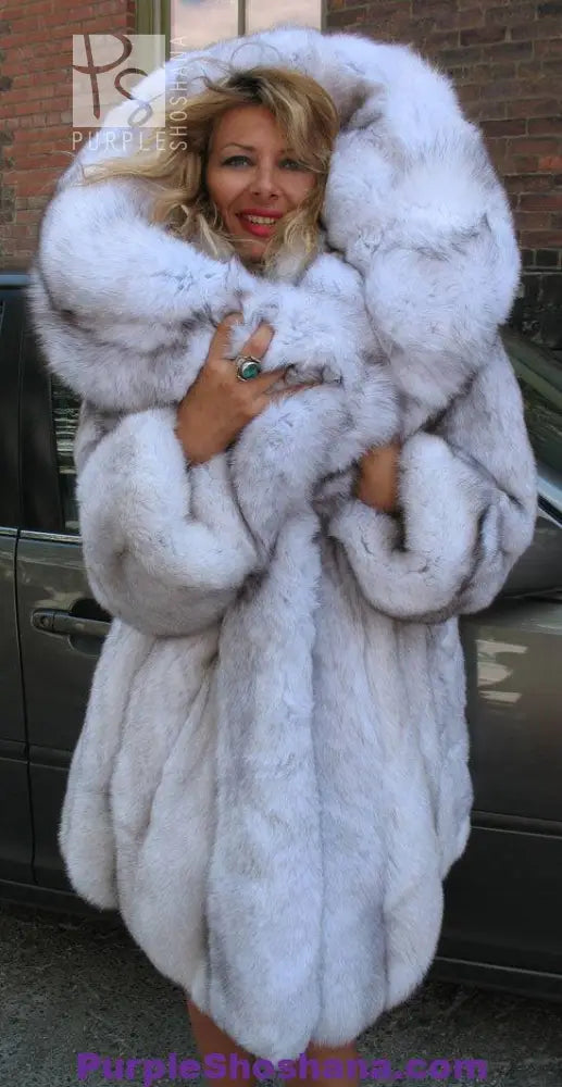 Unique Plush Solid Silver Canadian Blue Fox Fur Coat - Detachable Cape M/L