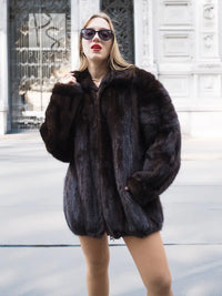 Unisex Dark Mahogany Mink Fur Bomber Jacket Coat M/L
