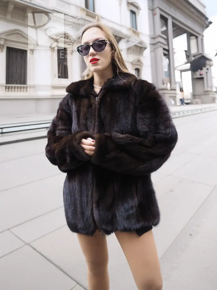 Unisex mink fur bomber jacket with zip closure, dark fur texture and stand collar.