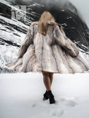Soft plush fur coat—back view—with large shawl collar and full-length sleeves (M/L)