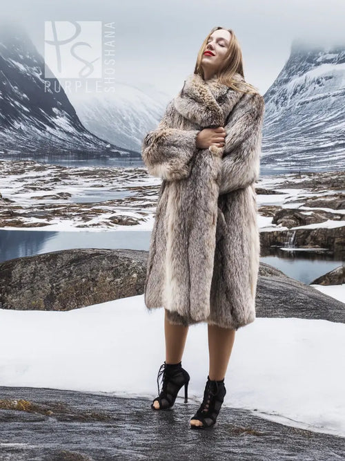 Unisex plush fur coat, shawl collar, light taupe/gray, front view, size M/L