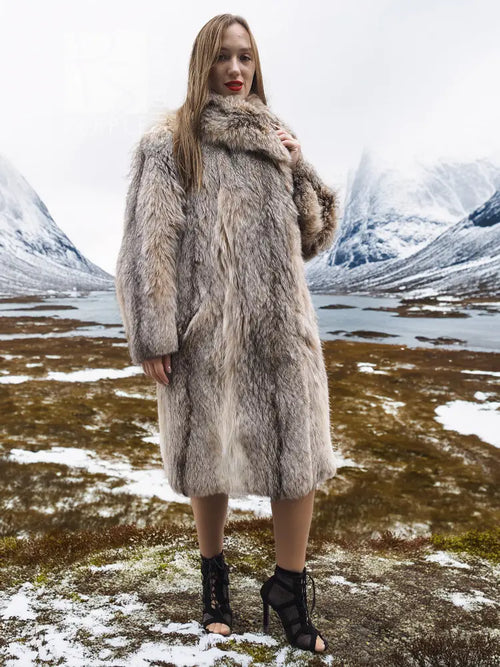 Soft plush fur coat with large shawl collar, long sleeves, mid-calf length (M/L)