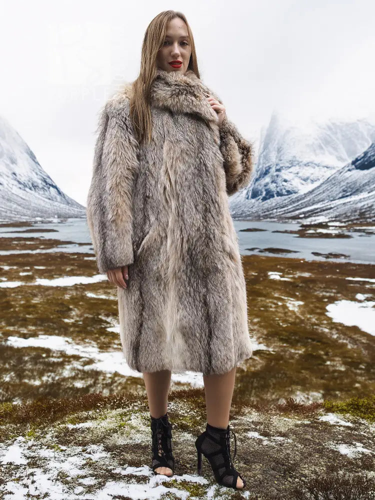 Soft plush fur coat with large shawl collar, long sleeves, mid-calf length (M/L)