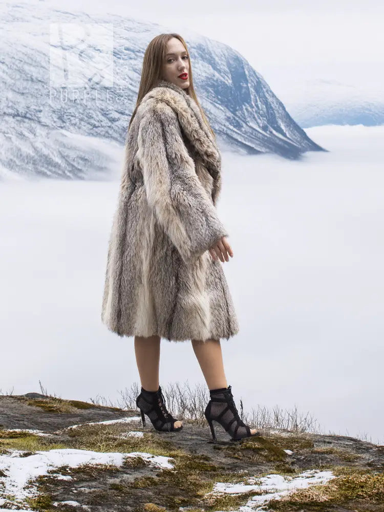 Unisex plush fur coat, shawl collar, light taupe/gray, side profile, size M/L