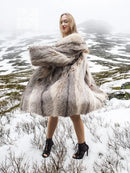 Unisex plush fur coat with large shawl collar, gray-beige, full sleeves