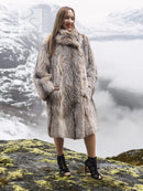 Soft plush fur coat in textured faux fur with large shawl collar (M/L), front view