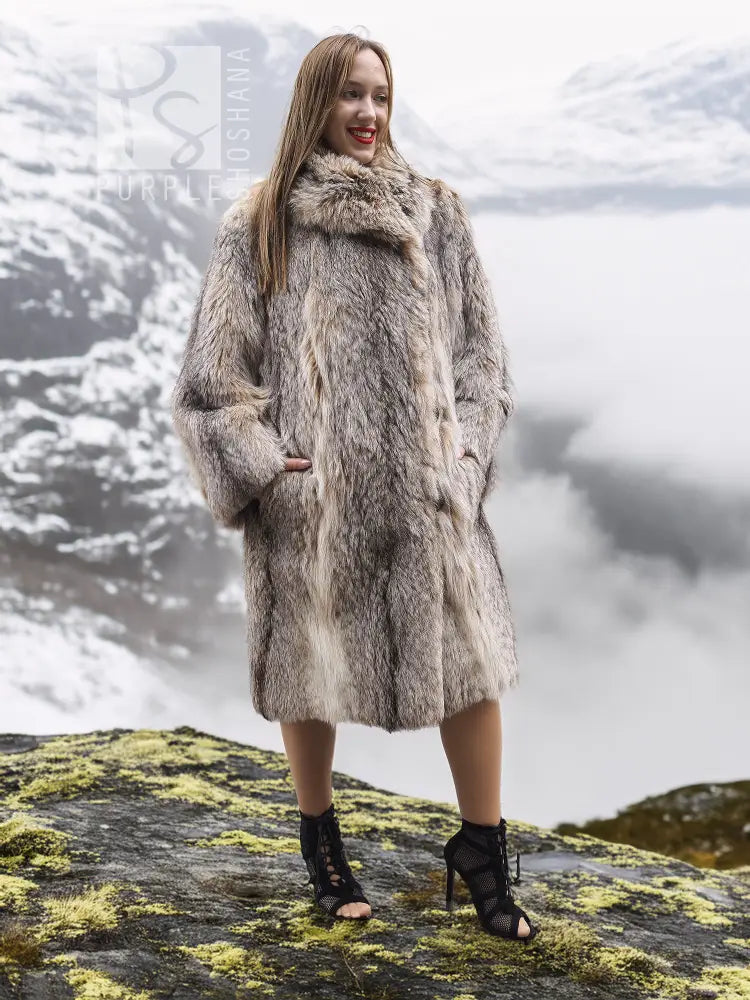 Soft plush fur coat in textured faux fur with large shawl collar (M/L), front view