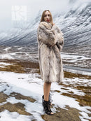 Unisex plush fur coat, shawl collar, beige-brown speckled—front view, M/L