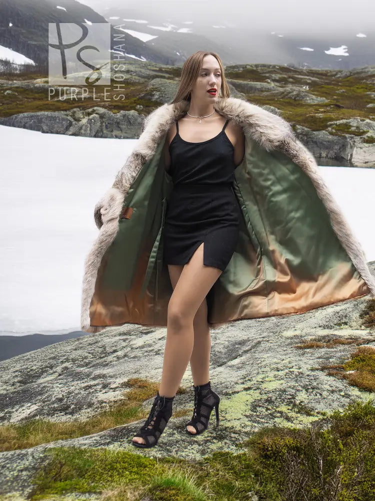 Unisex plush fur coat, shawl collar, light taupe/gray, open front showing inner lining