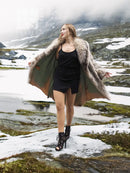 Soft plush fur coat with shawl collar and open front, draped silhouette (M/L), side view