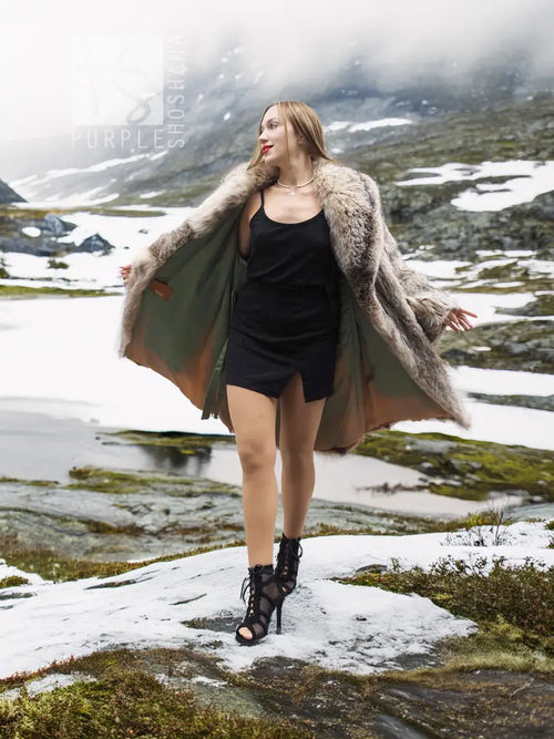 Soft plush fur coat with shawl collar and open front, draped silhouette (M/L), side view