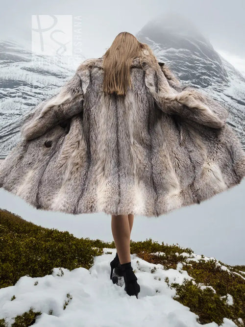 Unisex plush fur coat, shawl collar, light taupe/gray, back view, flared hem