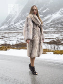 Unisex plush fur coat with shawl collar, beige-brown speckled—walking view, M/L